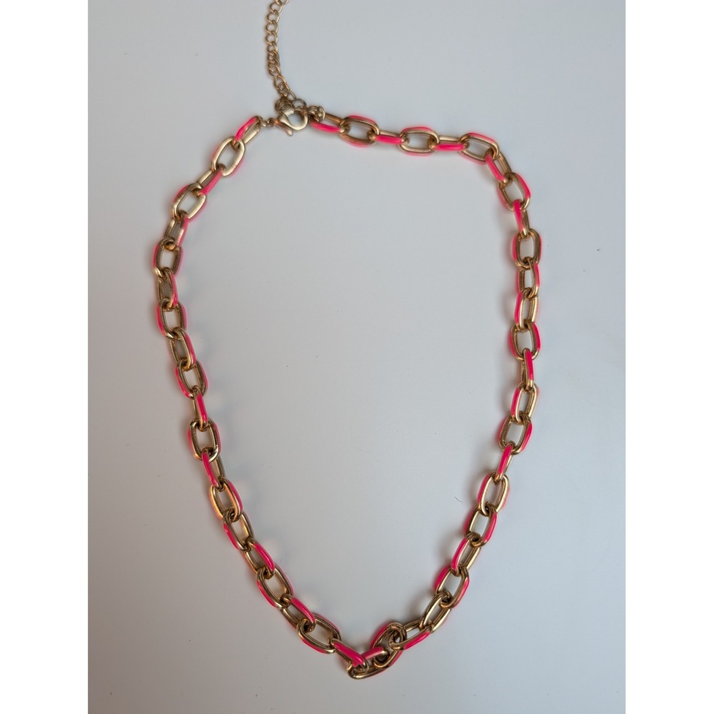 Gold Tone Hot Pink Enamel Link Chain‎ Necklace Neon Adjustable Lobster Clasp